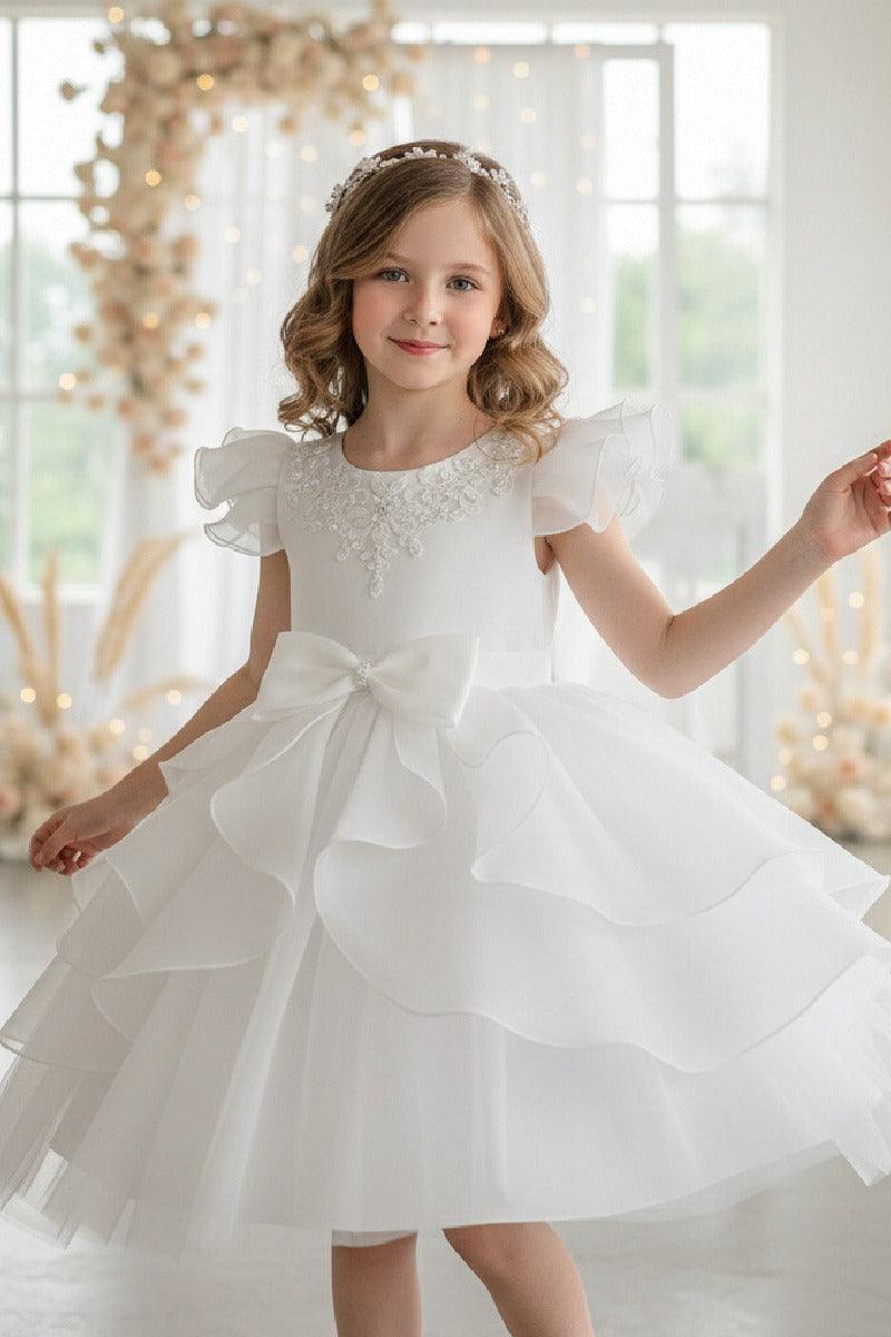Short Flutter Sleeve Organza Knee Length Flower Girl Dresses 1028919378818 - 7 Days / White / 100cm - COCOMELODY